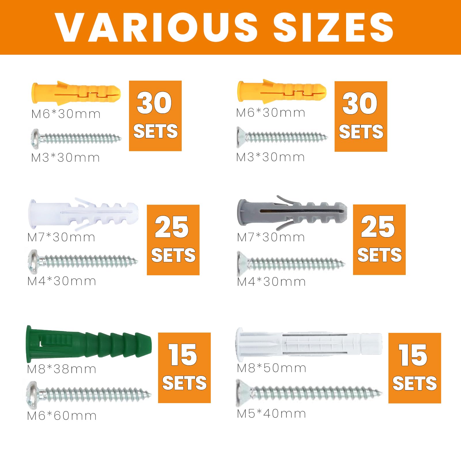 HDXER Drywall Anchors and Screws Assortment Kit 280PCS, Plastic Screw Anchors and Philips Flat&Pan Head Screws with 5 Different Sizes Ribbed Anchors for Wall Hanging and Mounting