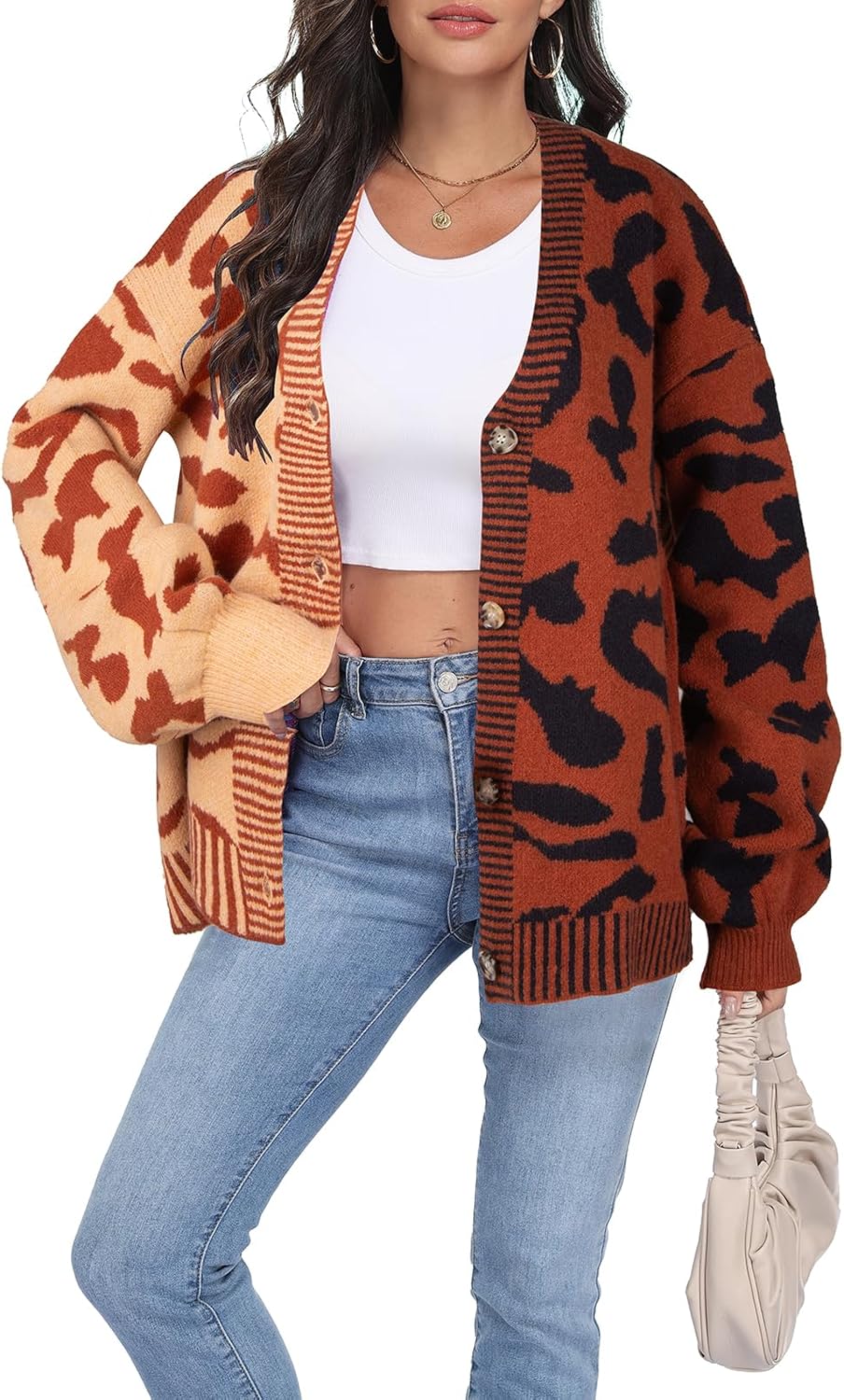 Miusey Women's Leopard Print Cardigan V Neck Open Front Long Sleeve Color Block Button Down Sweater Outwear - Image 3