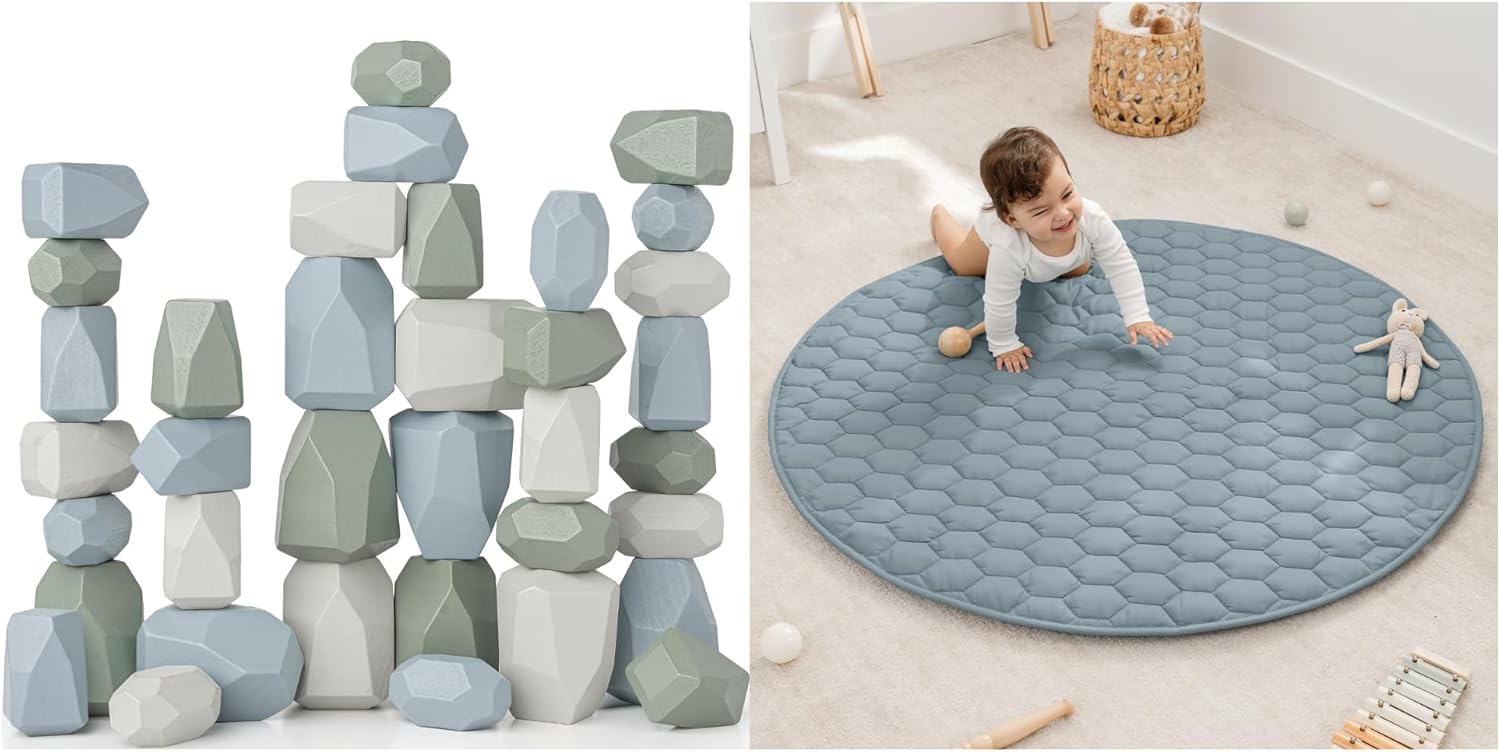 Comfy Cubs Stacking Rocks and Round Kids Play Mat Bundled