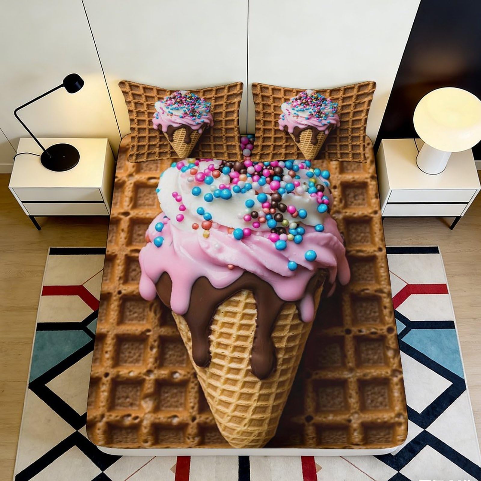 3D Printed Ice Cream Waffle Fitted Sheet Microfiber Soft Bedroom Decor Sprinkle Bed Cover for Home Guest Room 90x200x25cm