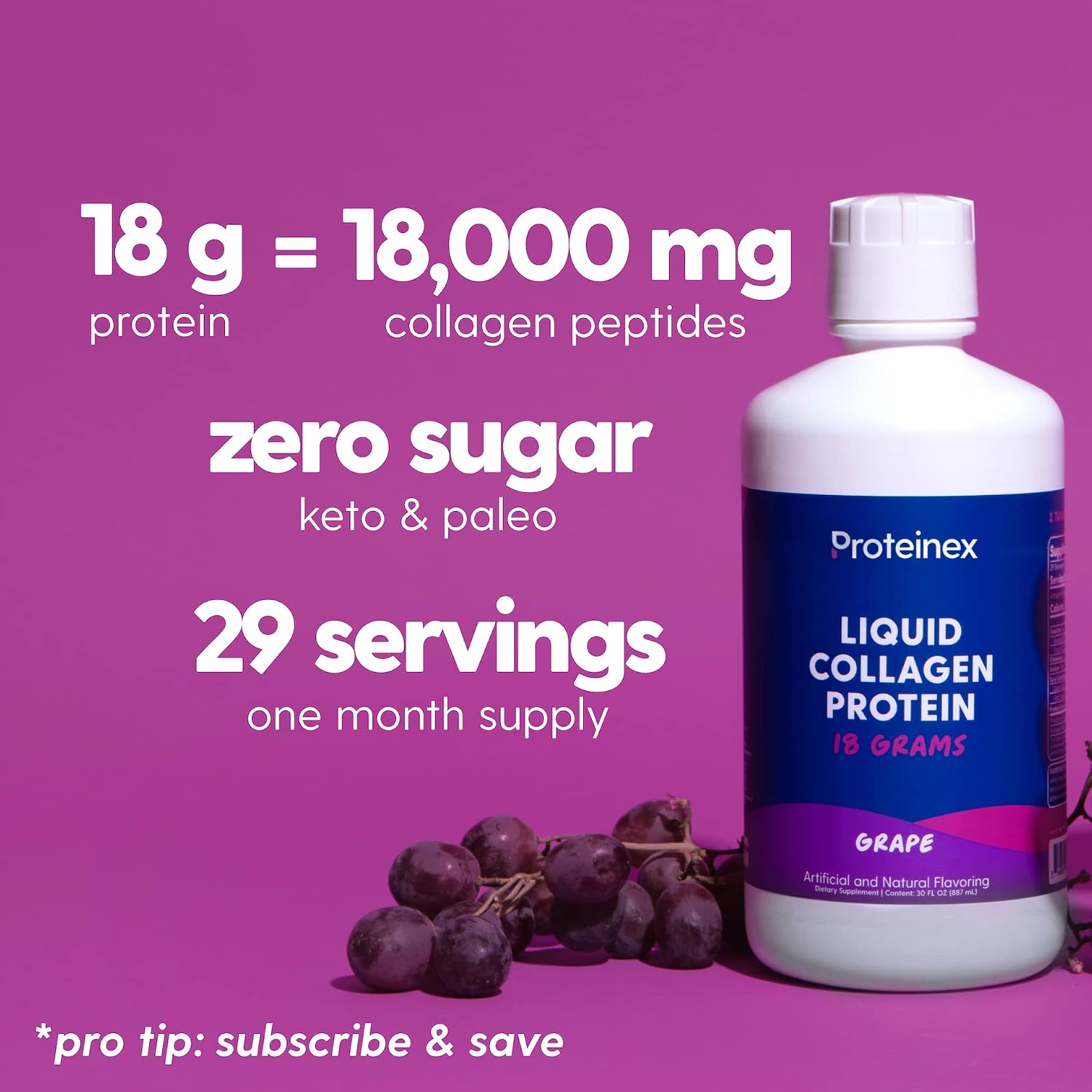 Proteinex Liquid Collagen Protein Supports Muscle and Joints Recovery - Liquid Collagen for Women and Men for Healthy Skin, Hair and Nails - No Carbs Ready to Drink Protein Drink (Grape)