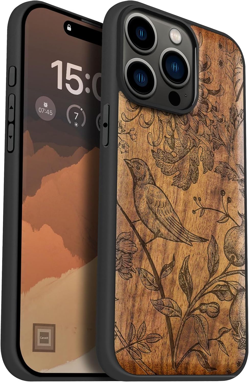 Carveit Magnetic Wooden Case for iPhone 15 Pro Max Case, Compatible with MagSafe Wireless Chargers, Black Soft TPU Shockproof Cover & Wood Artisan Engraved (Chrysanthemum and Songbird) - Walnut
