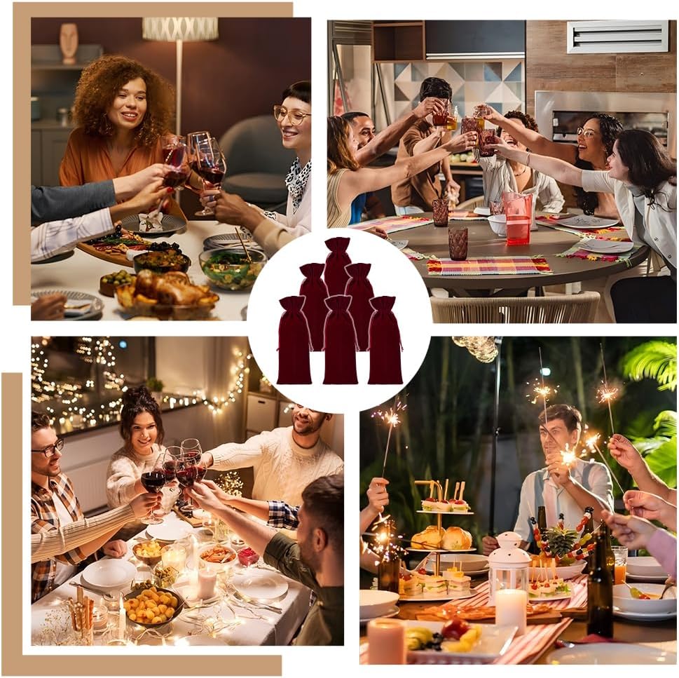 6Pcs Velvet Wine Bottle Bags Champagne Gift Bag with Double Drawstring Closure Red Wine Drawstring Bottle Bags for Housewarming Wedding Birthday Party Holiday 6 x 14.9 Inch (Red) image 5