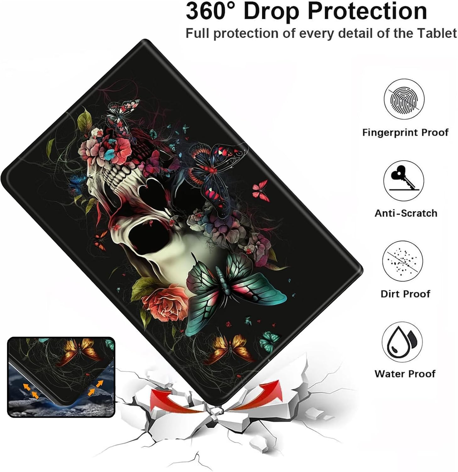 for Microsoft Surface Pro 7 Case,PU Leather Slim Standing Smart Cover Case for Microsoft Surface Pro 7 Plus/6/5/4 12.3 inch-Skulls Art Butterflies