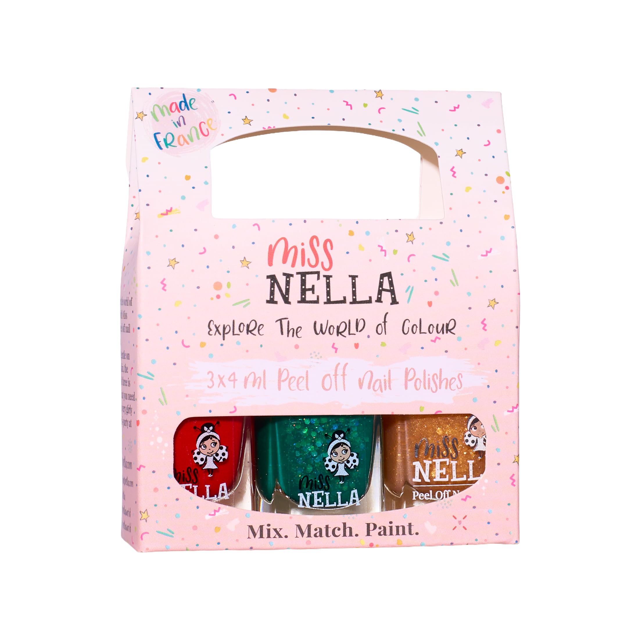 Miss Nella Christmas Sparkle Nagellack, abziehbar, geruchsfrei, auf Wasserbasis und sicher für Kinder, 3 Stück, Grün (Glitzer), Rot und Gold (Glitzer)