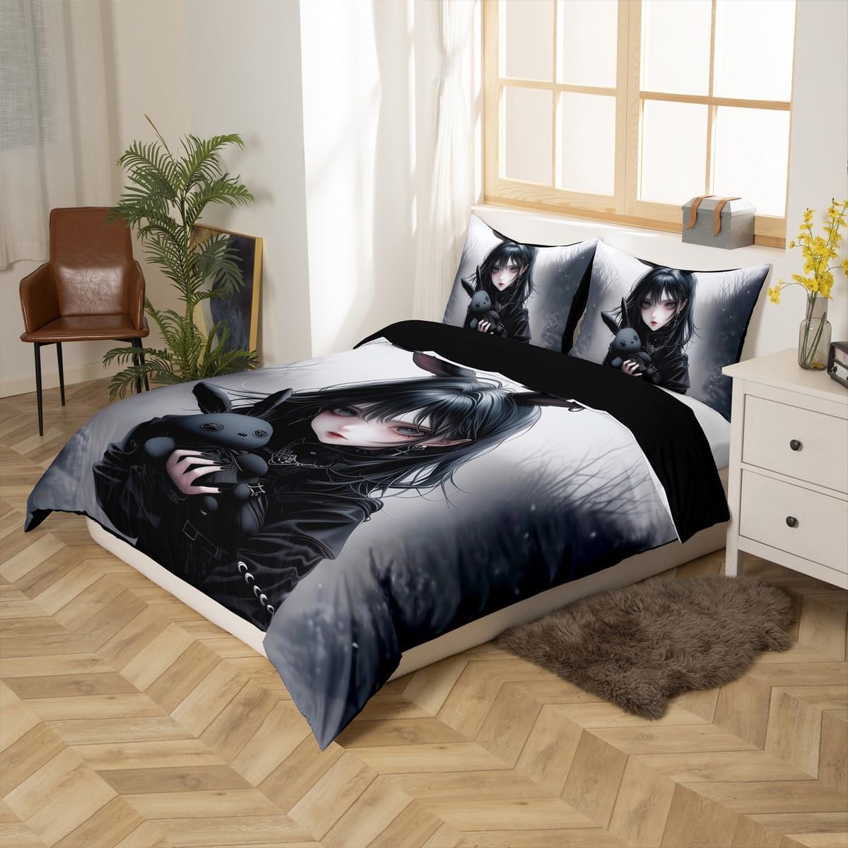 Erosebridal Anime Duvet Cover 3D Japanese Girl Bedding Set Queen,Anime Gifts Comforter Cover for Girls,Gothic Cartoon Rabbit Print Bed Set Exotic Style Quilt Cover for Room Decor,Black