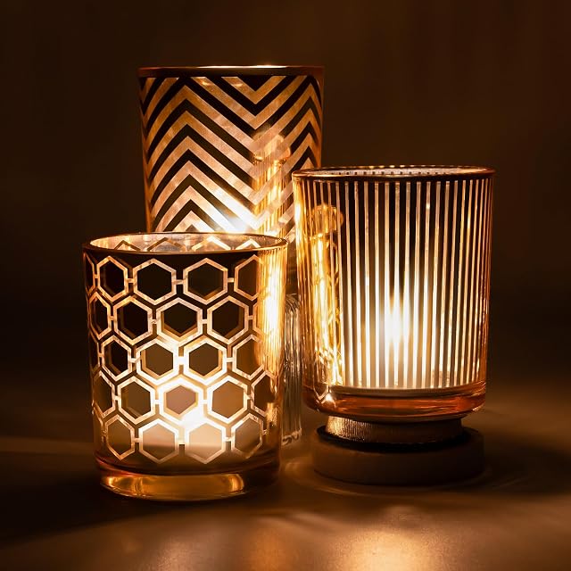 Toptime Tea Light Candle Holders, Gold Votive Candle Holder Set of 3, Glass Tealight Holders with Stripe Honeycomb Wavy Lines Pattern, Romantic Table Centrepiece for Wedding, Party, Home Decor