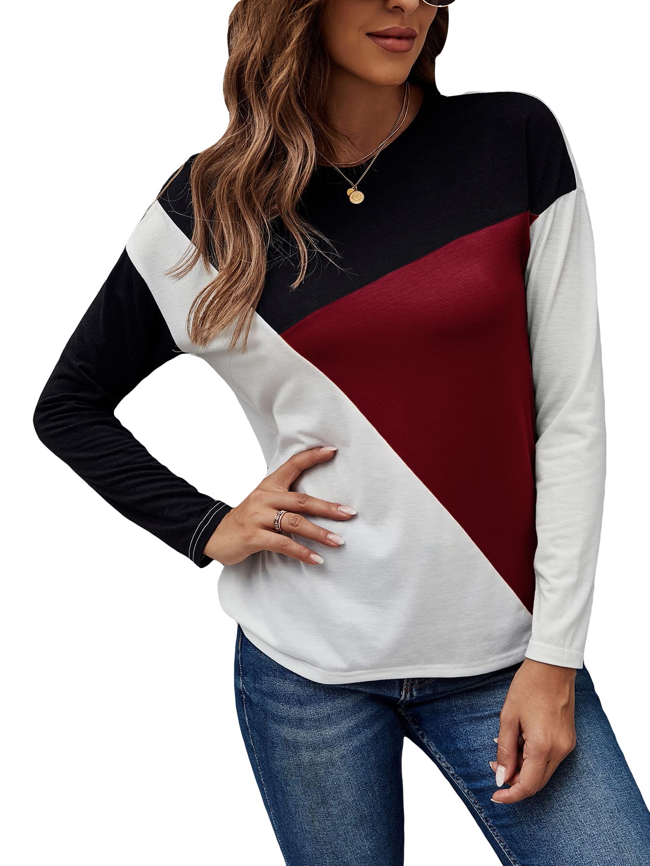 SheInWomen's Color Block Drop Shoulder Long Sleeve Round Neck Tee T Shirts Top