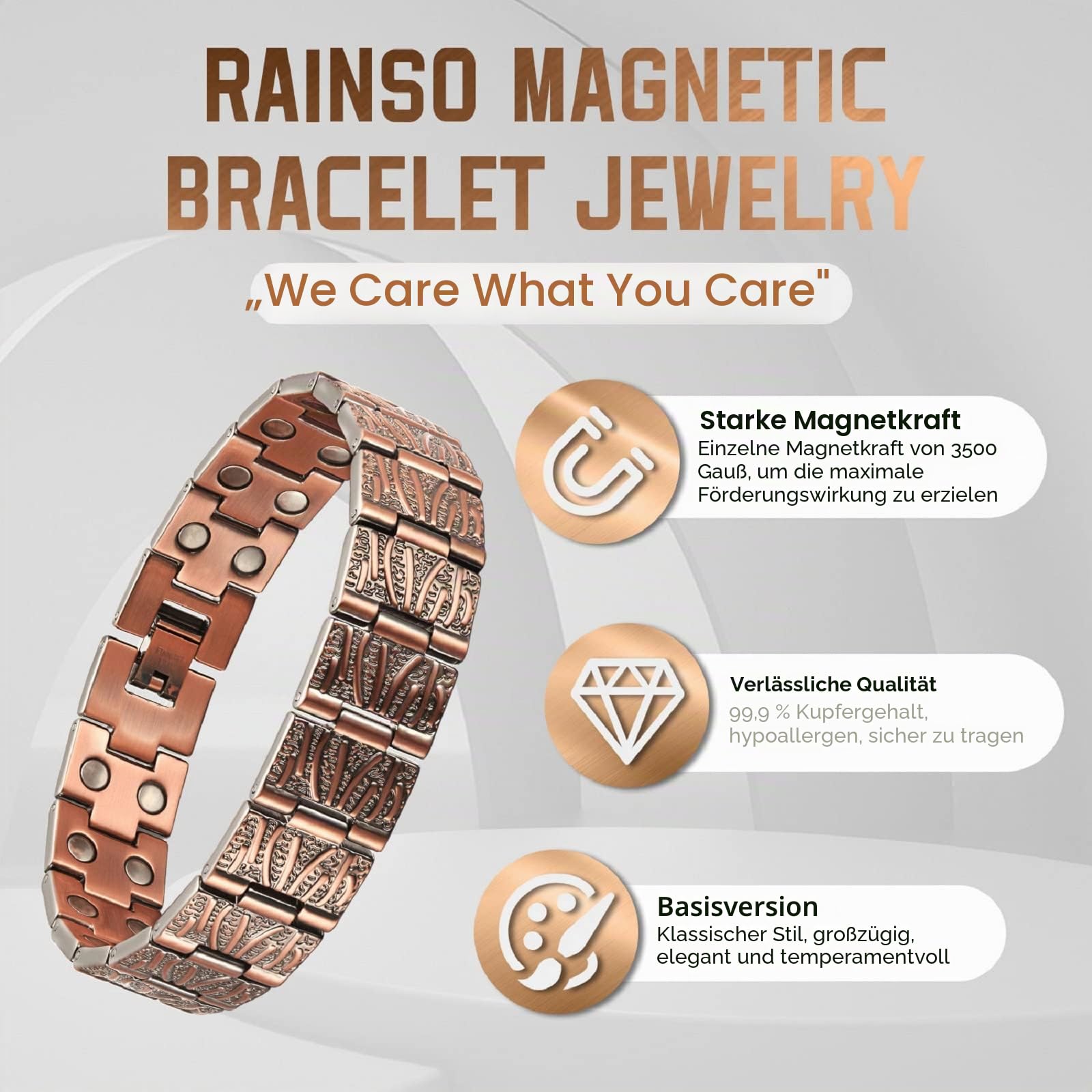 RainSo Magnetarmband für Herren mit 99,9% Reinkupfer | Deutsches Design & 38 Magnete bis 3800 Gauss | Verstellbares Kupferarmband gegen Oxidation | Inkl. Werkzeug & Geschenkbox