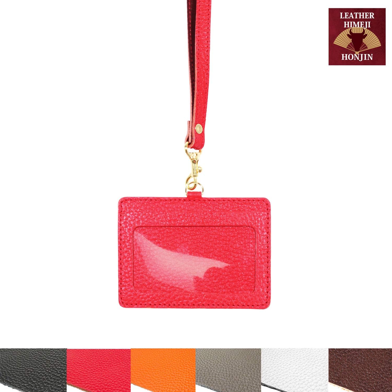 [Leather Himeji Headquarter] Genuine Leather ID Case & Strap, Shrink Leather (Red)