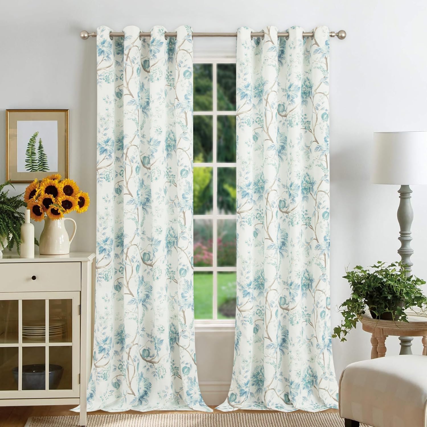 Leeva 1 Panel Grommet Faux Linen Curtain for Window, Farmhouse Blue Flower Printing Pattern Heavy Thick Sun Blocking Drapery Panel for Living Room Sunroom, 52 x 84