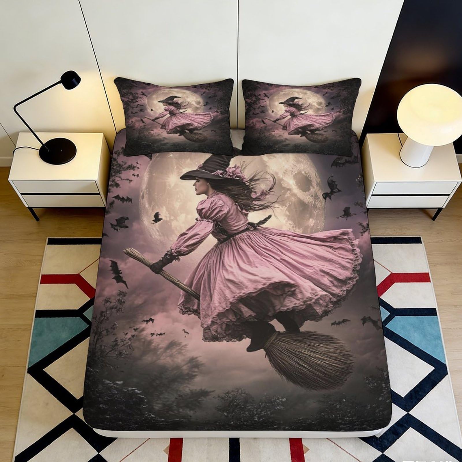 3D Printed Witch Moon Fitted Sheet Microfiber Soft Pink Gothic Bed Sheet for Bedroom Guest Room Decor 90x200x25cm