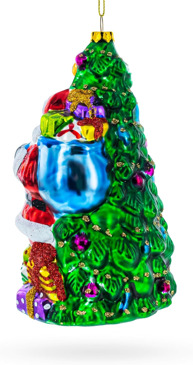 Santa with Christmas Tree and Gifts Glass Ornament