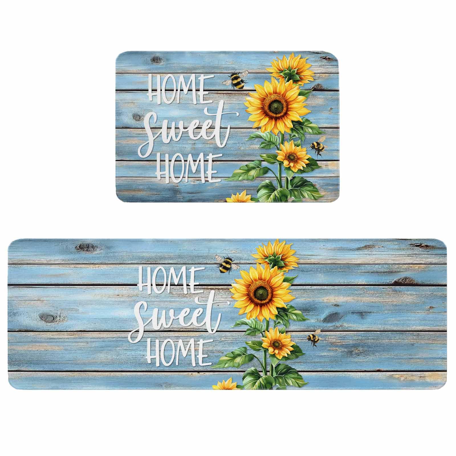 Kitchen Rugs and Mats Set of 2 Country Watercolor Sunflower Bee Non-Slip Area Runner Cushioned Rug Washable Standing Floor Mat Gradient Blue Wood