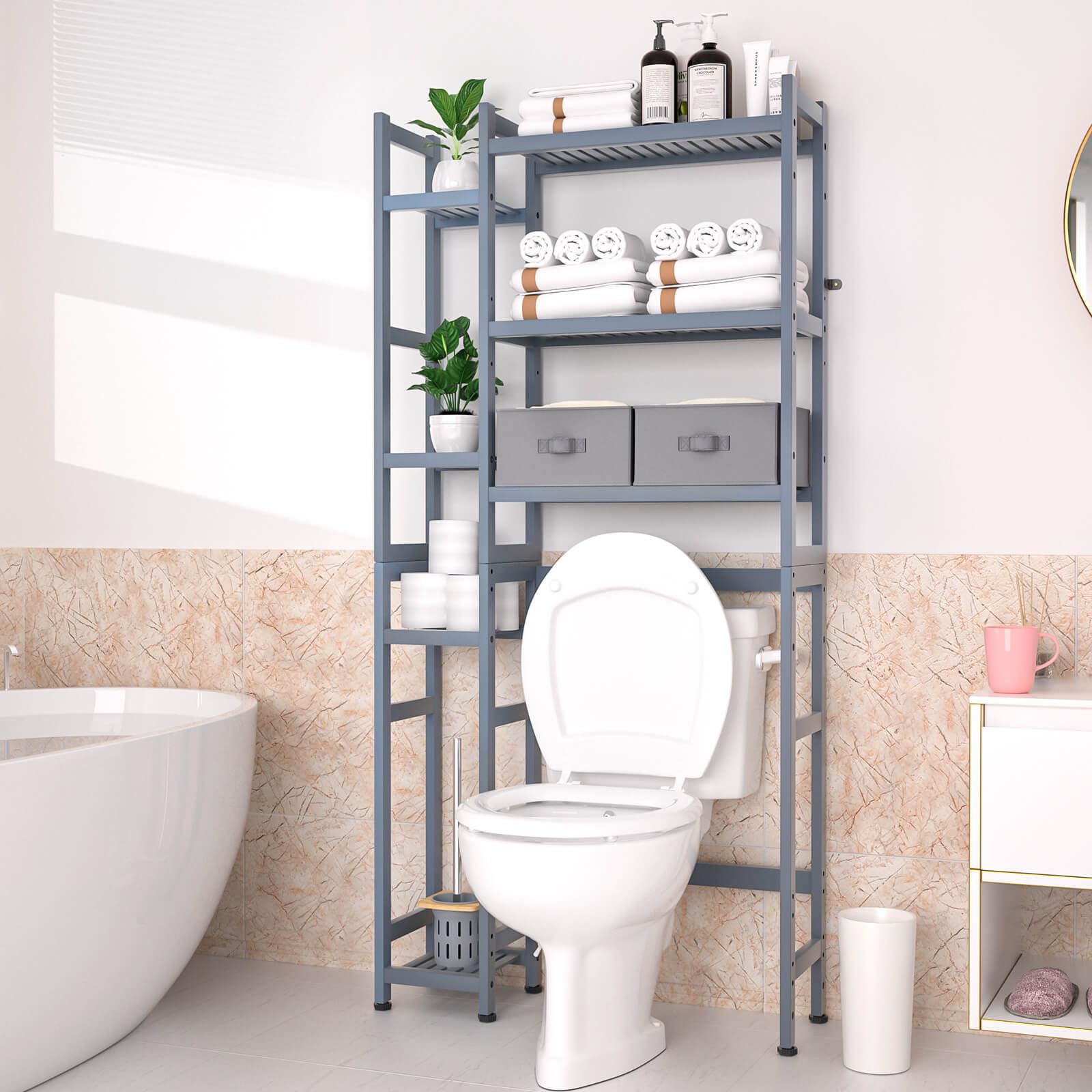 Yorbay Toilettenregal mit 2 Körben, Bambus WC Regal, 3-stöckiges Verstellbar Badregal mit Wasserdichtes Fußpolster, Multifunktional Badezimmerregal, Platzsparend, Einfache Montage (Grau)