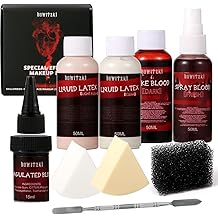Bowitzki Fake Blood &amp; Liquid Latex Kit,Pro SFX Makeup Set with 50ml Dark Fake Blood, 50ml Fresh Spray Blood, 2pcs Liquid Latex,Coagulated Blood, Sponge &amp; Spatula for Halloween, Cosplay