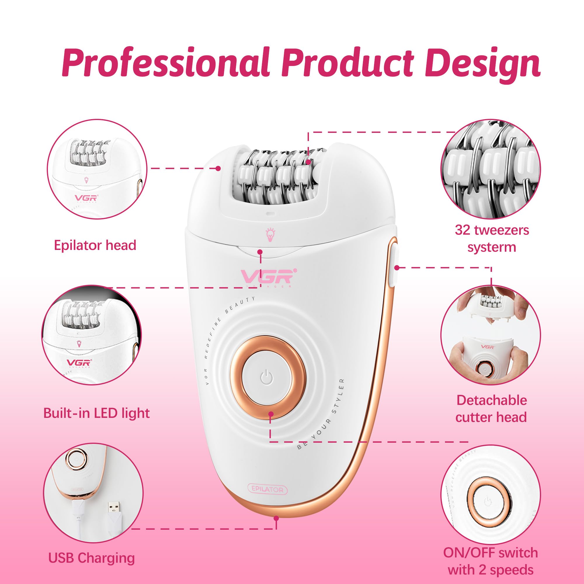 VGR 739 Epilatore 3 In 1 Per Donne, Senza Fili IPX4 Impermeabile Con Testa Epilatore, Rasoio E Rimuovi Calli, 2 Velocità E Luce LED, Epilatore Ricaricabile USB Per Viso E Corpo