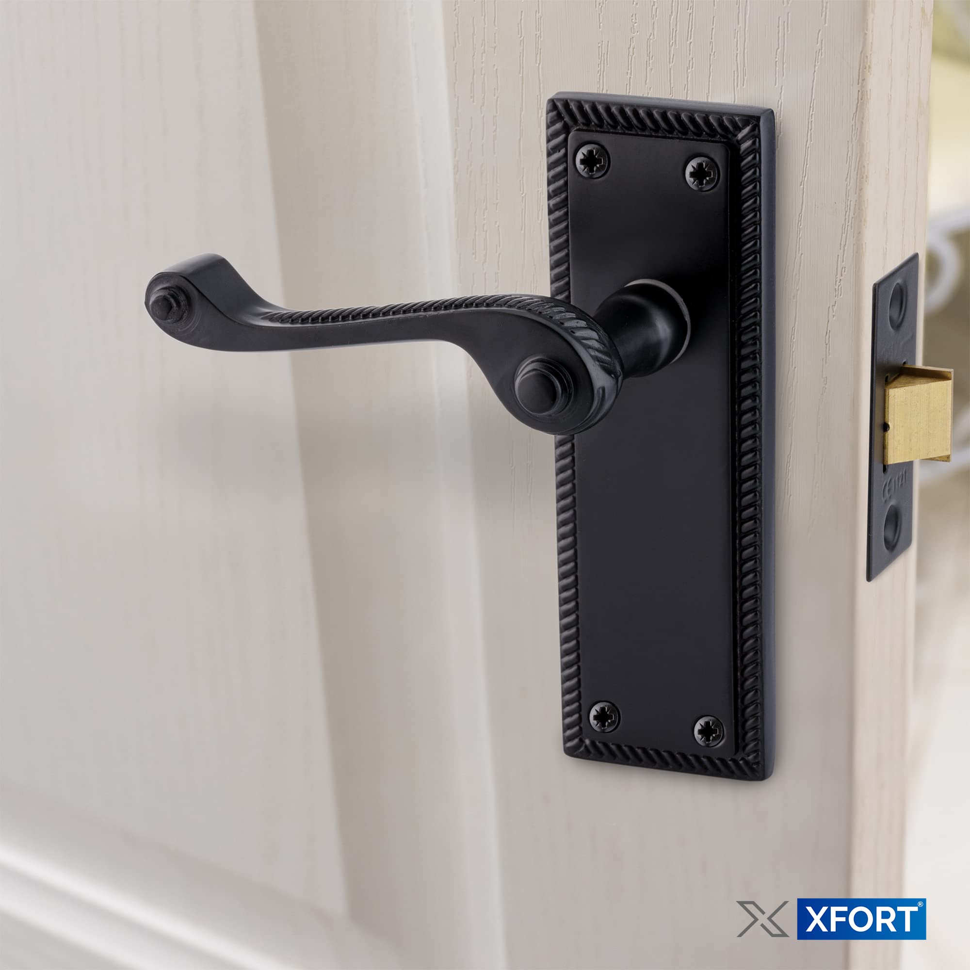 XFORT Black Beauty Range Matt Black Hanoverian Lever Latch Handles, Georgian Style Backplate Door Handles - Image 4