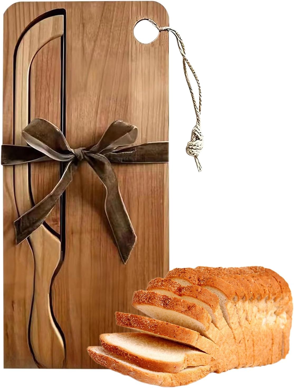 Bread Cutter For Sourdough - 39×20cm Bow Shaped Stainless Cutter | Wood Bread Serving Tray Set | For Left And Right Hands Bagels French Baguettes Home Kitchen Restaurant Apartment Breakfast