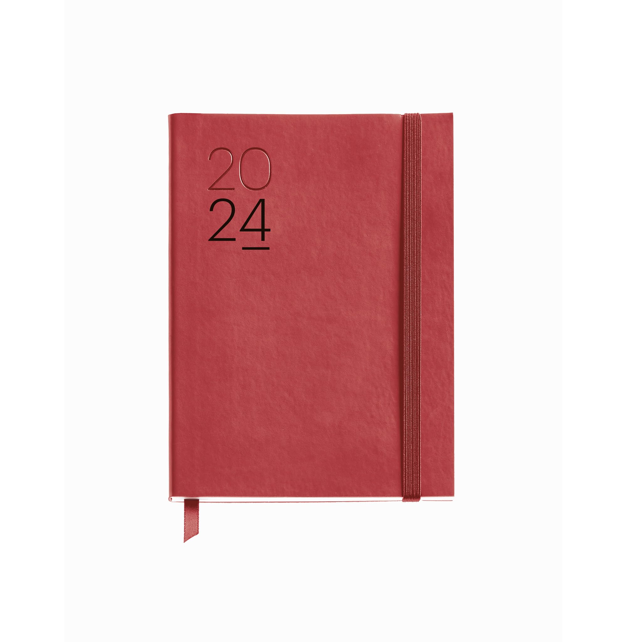 Miquelrius - Annual Planner 2024, Horizontal Week View, Journal Size 122 x 168 mm, Flexible Cover Stitched Leather, Spanish, English and Portuguese, Red