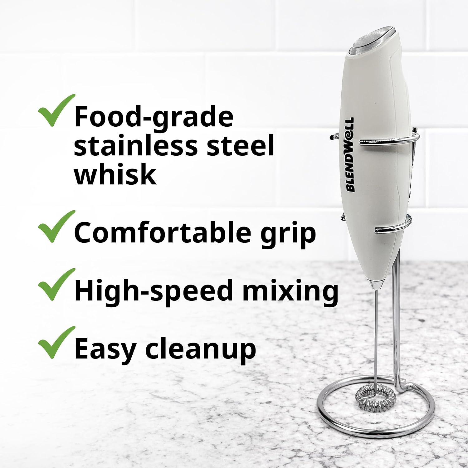 BlendWell Electric Milk Frother for Matcha and Coffee, Handheld Battery Operated Drink Mixer with Stand, Stainless Steel Whisk, White