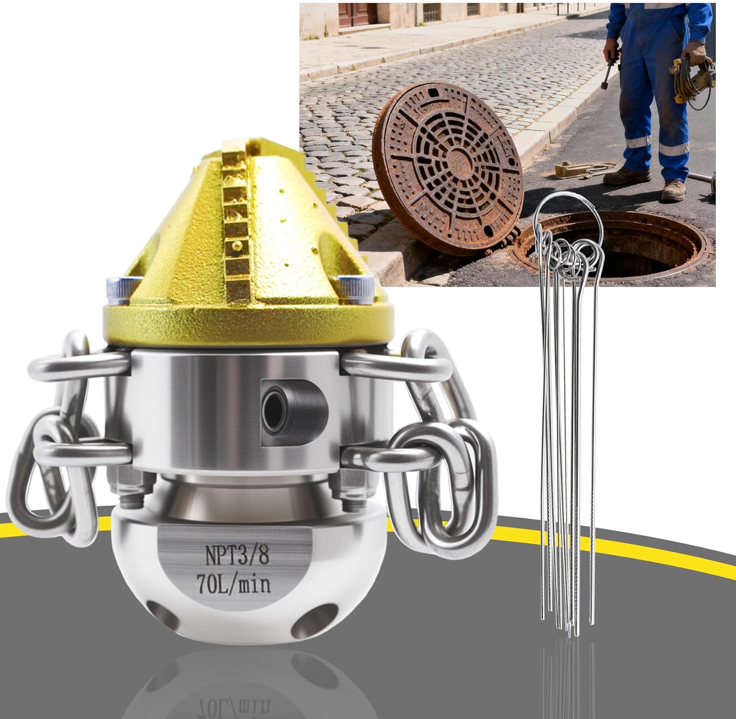 3/8 NPT Sewer Jetter Rotating Nozzle Root, 40L/Min, 360° High Pressure Cleaning Tool (with Detachable Chain), Suitable for Home Drains, Commercial Pipes, Industrial Pipes