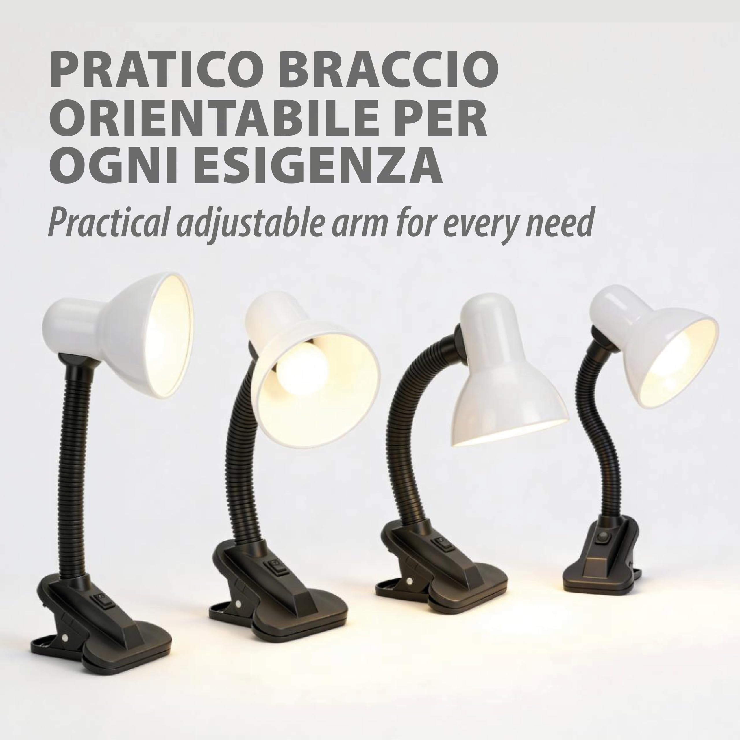 Velamp Lampa z klipsem, E27, kompatybilna z LED, elastyczne ramię, z kablem i przełącznikiem, do pokoju dziecięcego, biurka, metalu, 6 W, biała