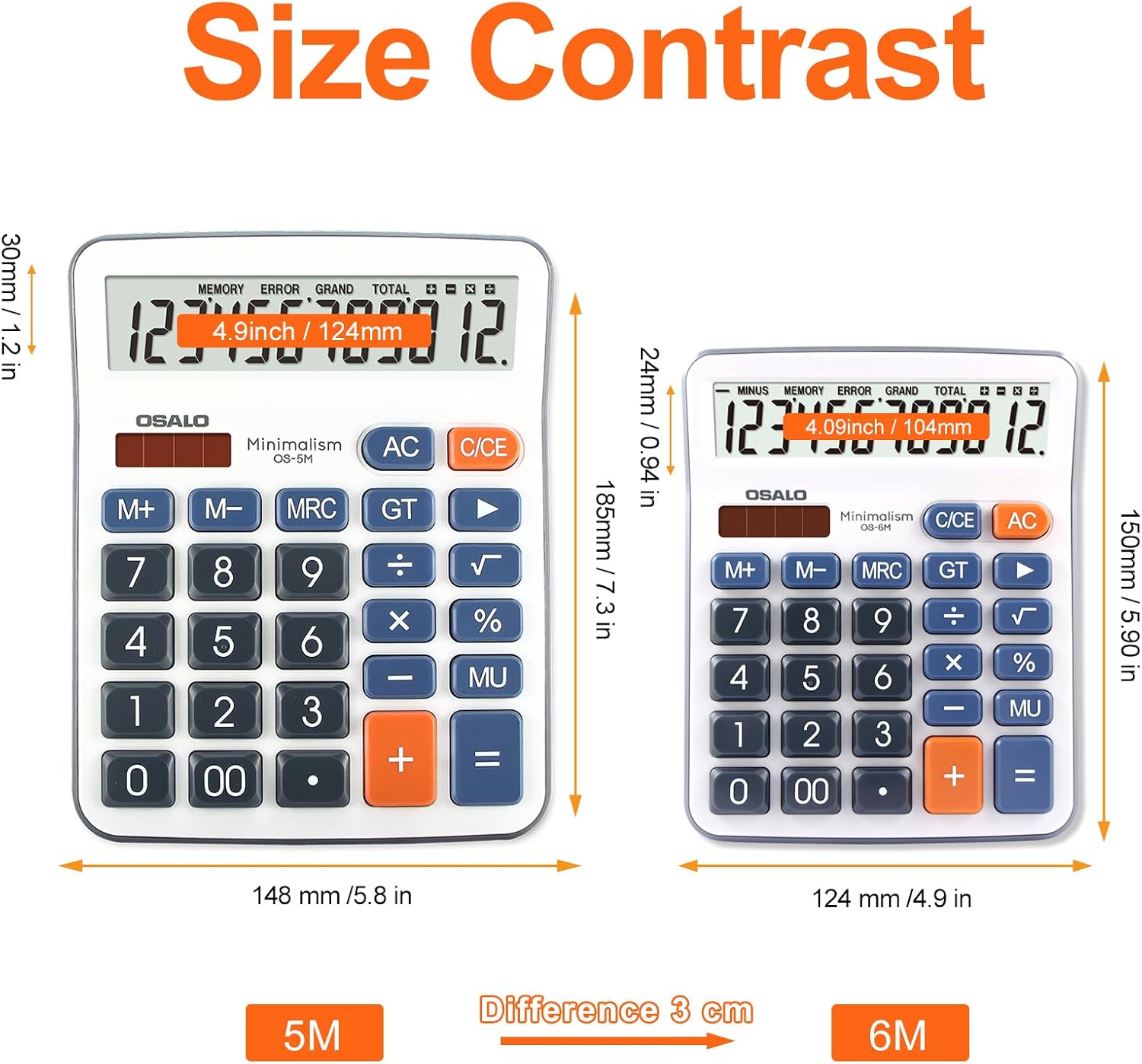 Size comparison between OSALO 5M and 6M calculators, showing dimensions