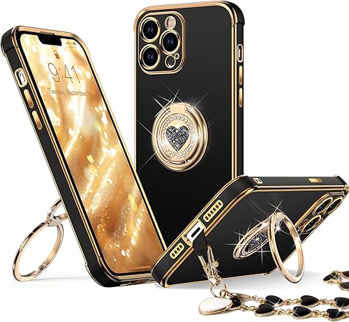 Miniatura 14 de XYZ Funda para iPhone 14 con soporte, funda para teléfono con soporte de doble anillo, para mujeres y niñas, funda transparente con purpurina de Oro