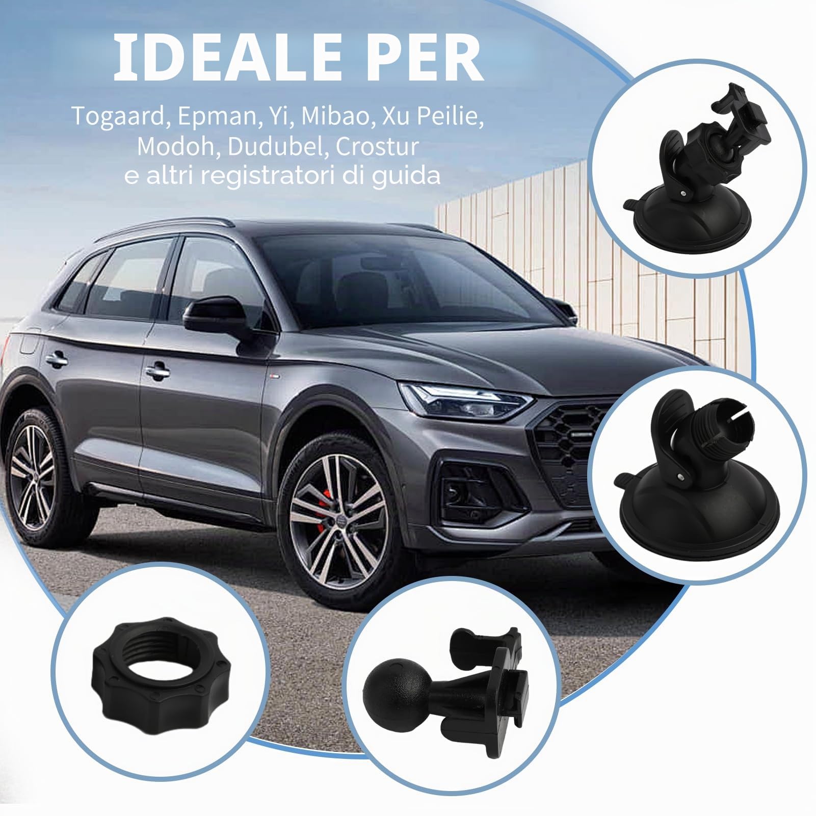 Supporto da Auto con Ventosa per Cruscotto e Parabrezza, Compatibile con Dash Cam, GPS e Action Camera, con Adattatore a 6 Tipologie e Rotazione a 360 Gradi, Buona stabilità Visione Grandangolare