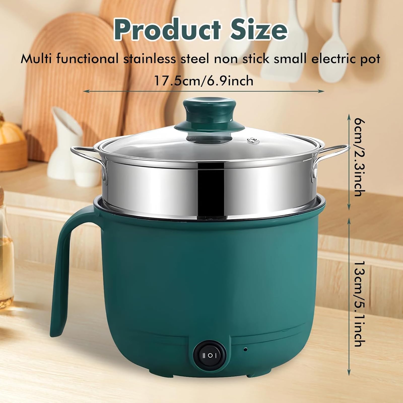 Olla Eléctrica,1.5 Litre Eléctrica Caliente Pot Con Vapor,Mini Caliente Eléctrico,Olla Sopa Rápida Portátil,Multicocina Antiadherente Portátil Para Hogar,Oficina,Dormitorio,600W,220V,Verde