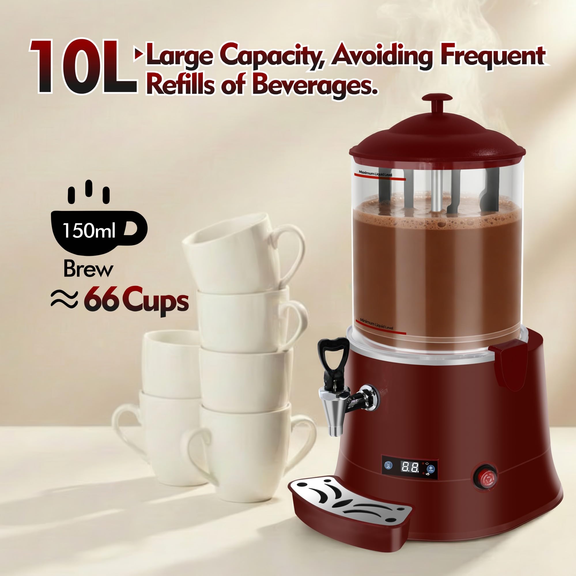 Macchina per Cioccolata Calda Commerciale 10L/2,64Gal, con Riscaldatore per Bevande Calde a Controllo Temperatura Intelligente, Intervallo di Temperatura 86°F-194°F,XL 99W 6i2
