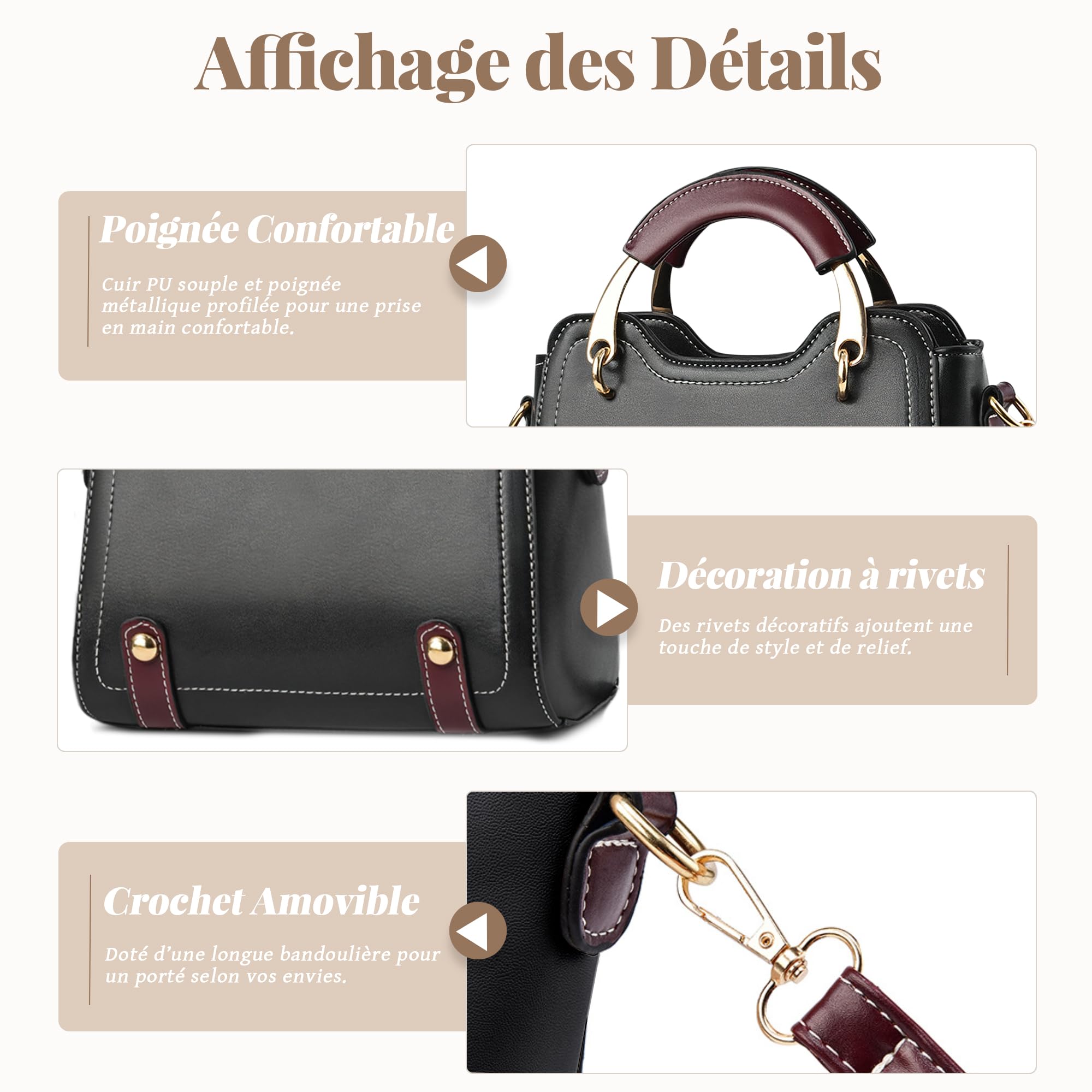 Elégant Sac à Main Petit Femme Sac à Bandoulière Mode Sacoche Cabas Retro Casual Sacs Porté Epaule Cuir PU Sac Fourre-Tout pour Travail Voyage Dating Shopping Noir