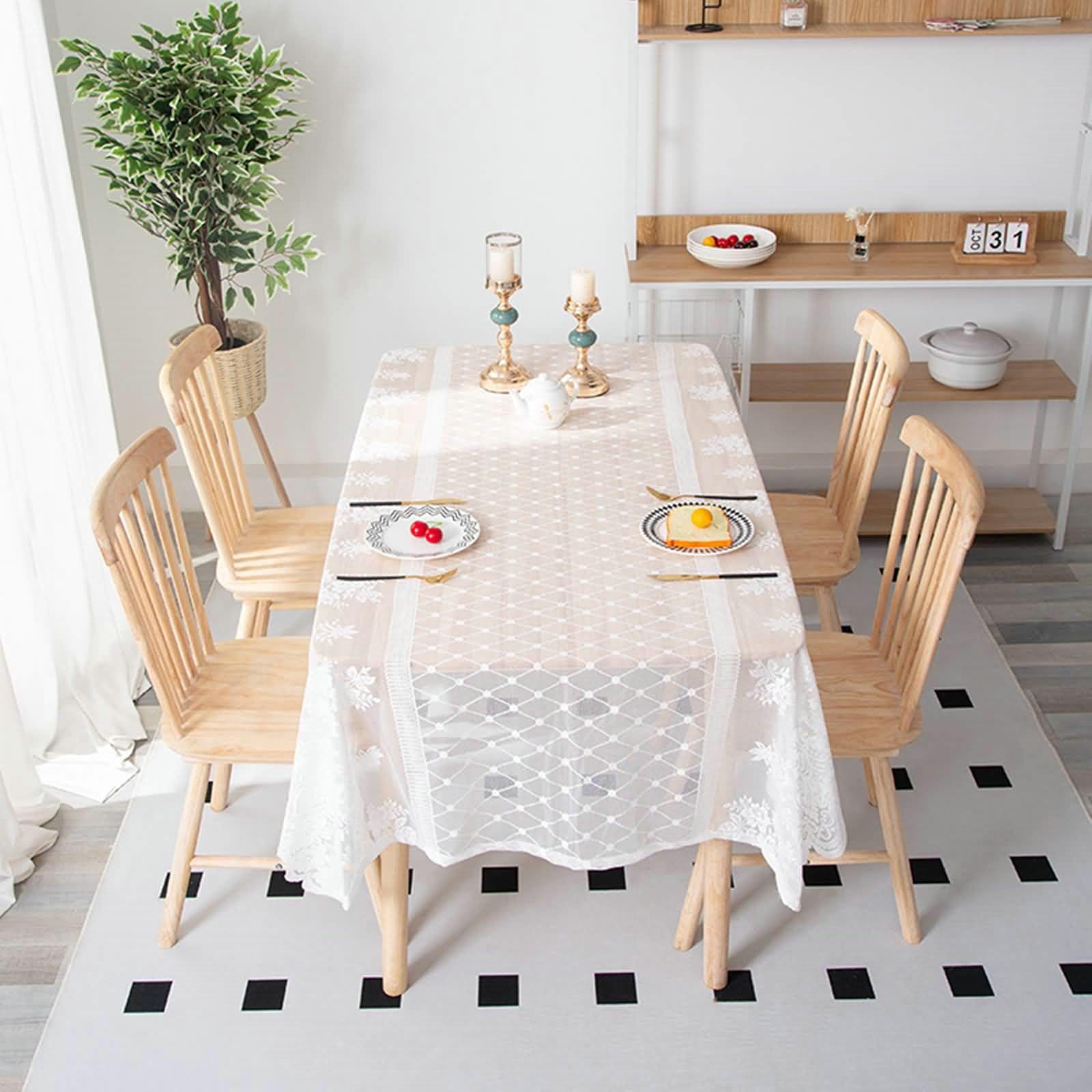 Tovaglie Salotto 140 x 260cm, Tovaglia Antimacchia in Poliestere Bianco Pizzo Geometrico Fiori Ricamo Tovaglia Rettangolare