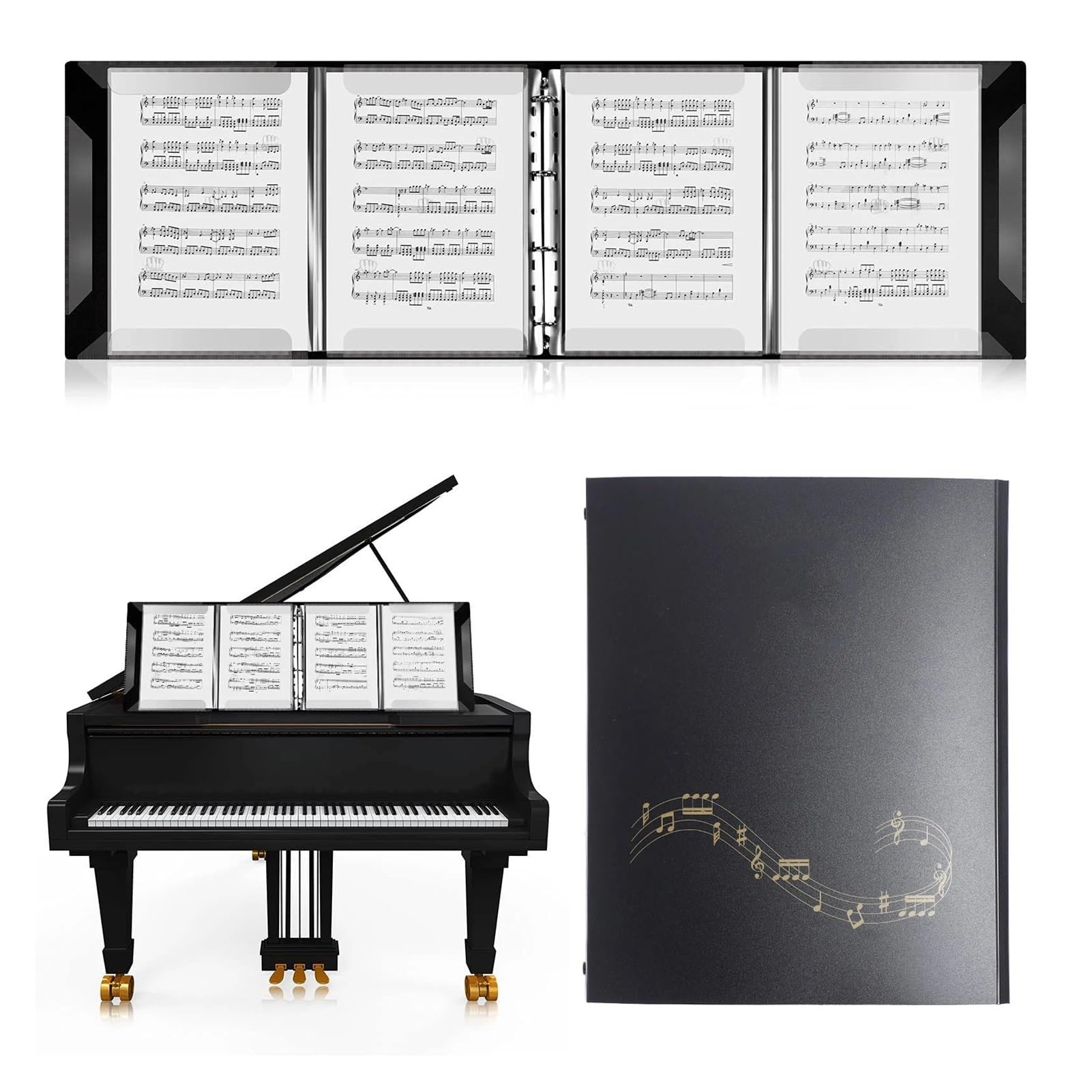 Czarny Folder Muzyczny 52 Strony Odpinany Segregator A4 4 Strony Rozwiń Klawiatura Fortepianowa Skrzypce Wiolonczela