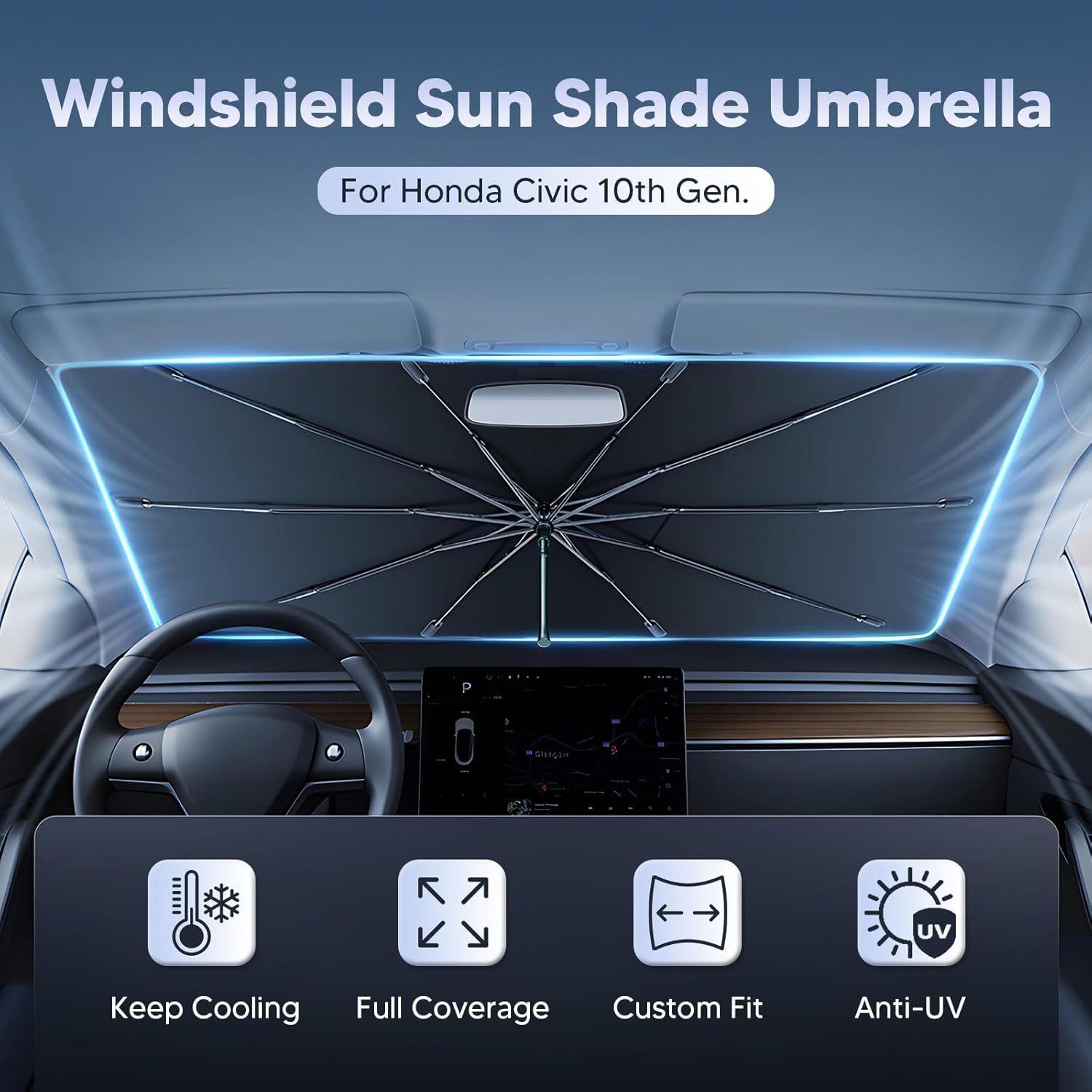 Autorder Windshield Sun Shade Umbrella for 2016-2021 Honda Civic Accessories,Upgraded Ice Crystal Material,Easy Setup Umbrella Sunshade for Car Windshield,100% Sun Blocking