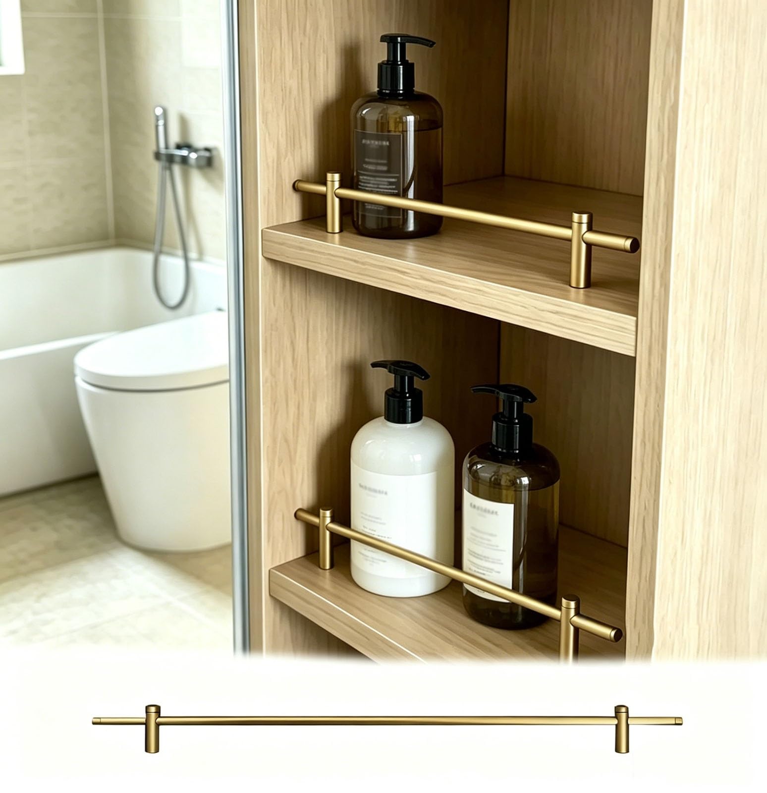 HDYZJQ Bathroom/Kitchen Brushed Gold Shelf Guard Rails with Brackets, Aluminum Alloy Shelf Rail Fence for Hanging Shelving, Closet Storage Safety Bar(9pack,105cm/41.3")