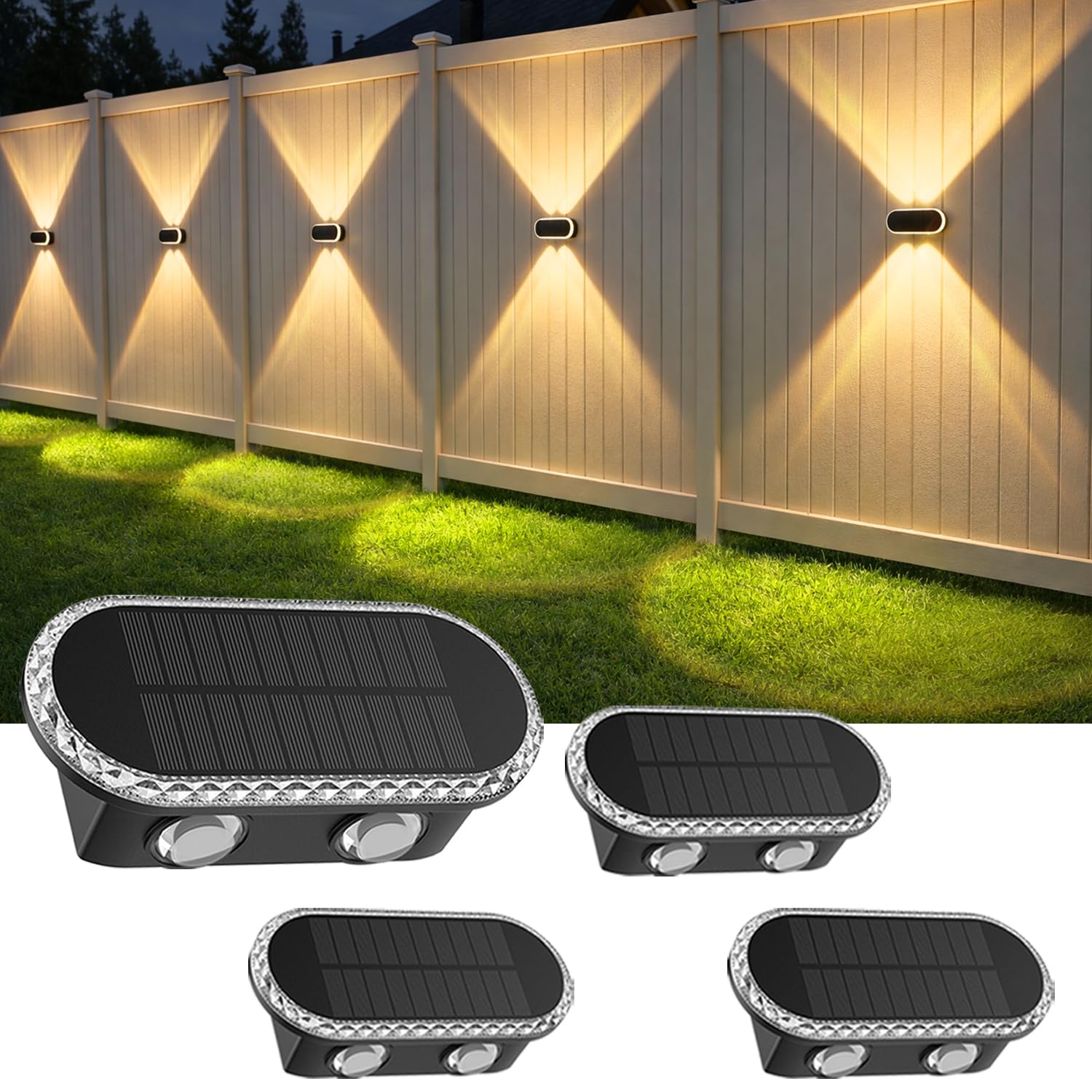 Hiromeco Solar Fence Lights Outdoor: Dual Focused LED Up Down Wall Lighting - IP65 Waterproof - 3000K/4000K/6000K 3 Modes 10-12H Lasting - Easy to