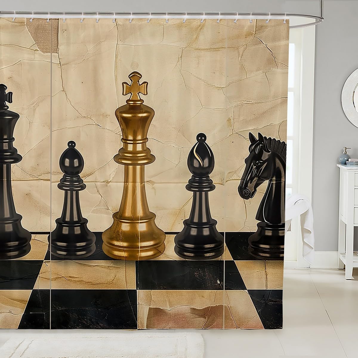 Rideau de bain marbré noir et marron au fini textile texturé