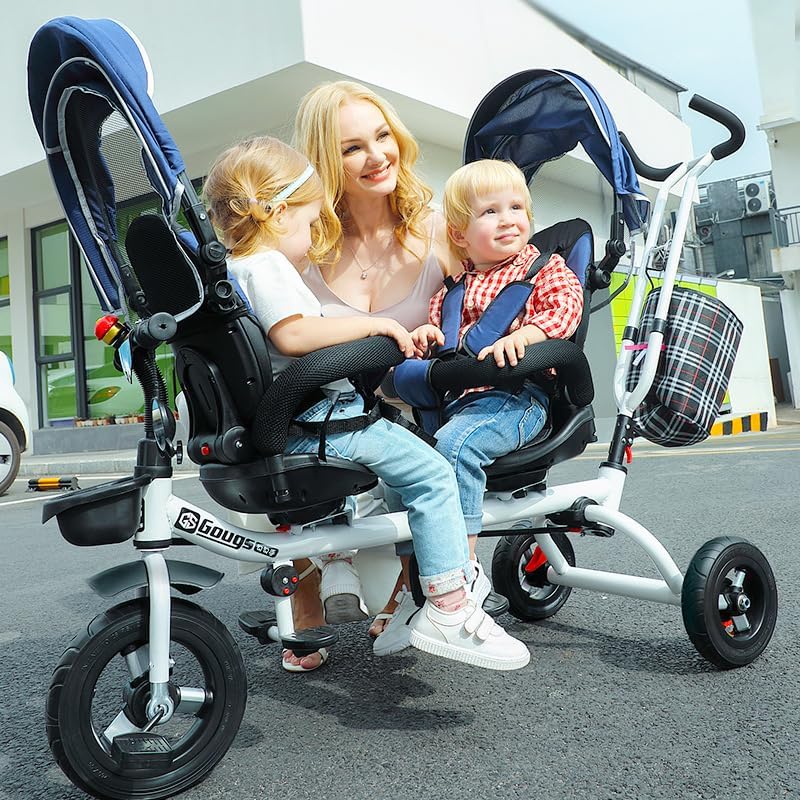 Double Sitting Pedal Car Twin Baby Stroller for 1-5 Years Old - Steerable, Durable, and Stylish (4 Colors Available) carriola para Bebe(Blue)