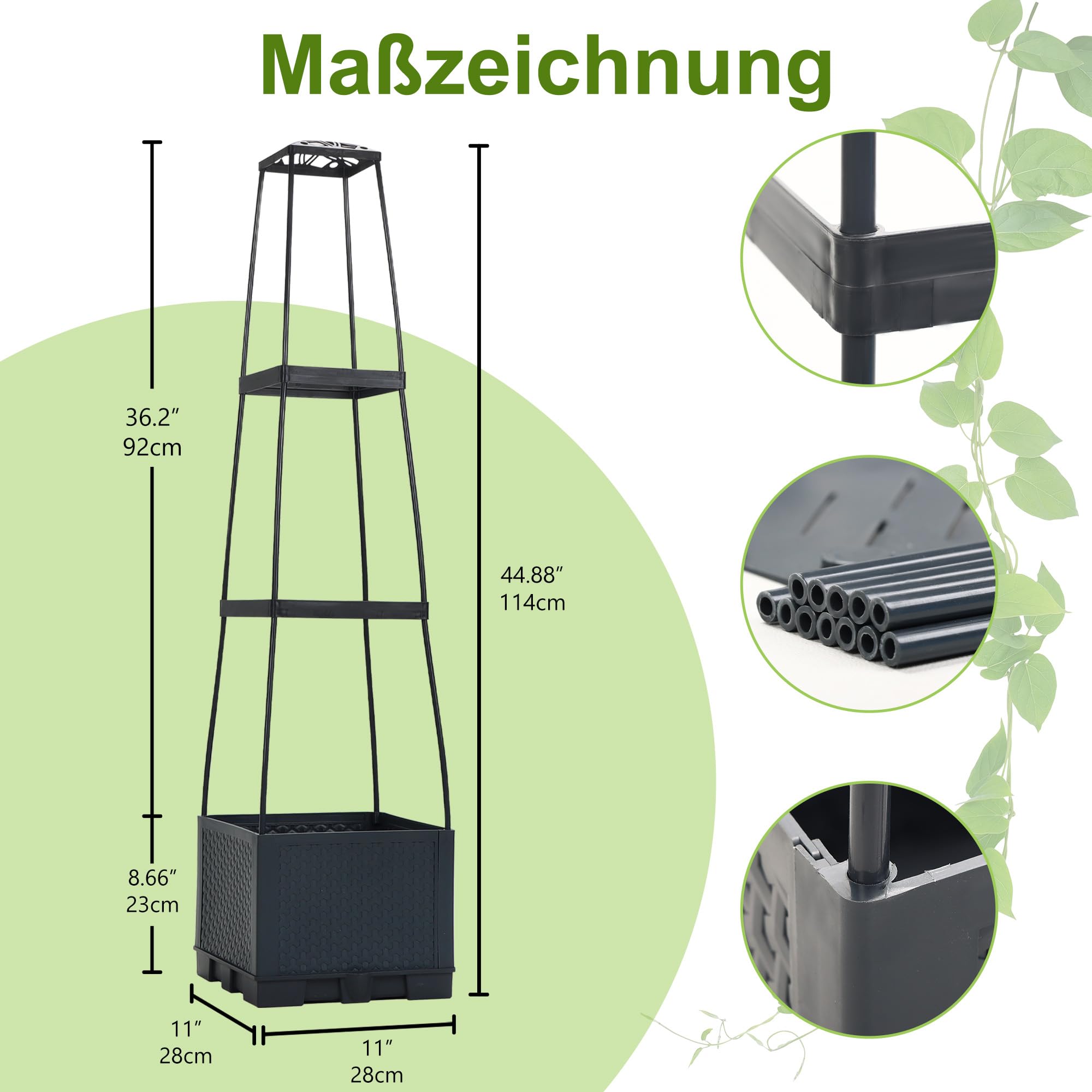 Tomatentopf mit Rankhilfe (28×28×114 cm,14 L), selbstbewässernder Pflanzenturm in Anthrazit. Tomaten & Klettergemüse – platzsparendes Hochbeet für Innenräume