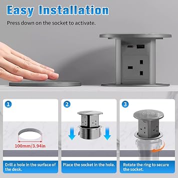 Pop Up Socket with 15W Wireless Charging - 4 AC Outlets, 1 USB Port, and 1 x 20W Type-C Port for Kitchen and Workspace, Overload Protection, Safe Power Solution [UK 13A / 110-250V / 2500W] (Grey)