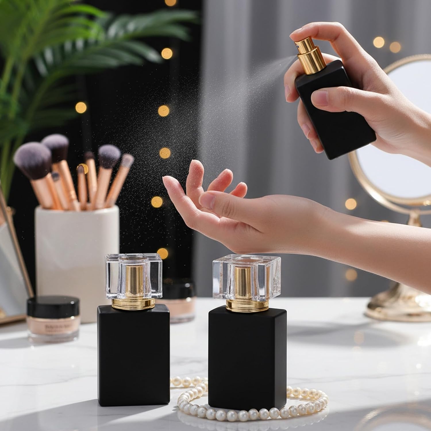 12 Pack Black Refillable Perfume Bottles, 30ml / 1 oz Empty Square Glass Atomizer Bottles with Fine Mist Sprayer, Portable Travel Size