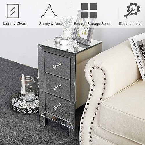 Miniatura 6 de Mesita de noche con espejo, mesa auxiliar de espejo con 3 cajones, acabado de espejo suave con pomos de estilo cristal para dormitorio, sala de