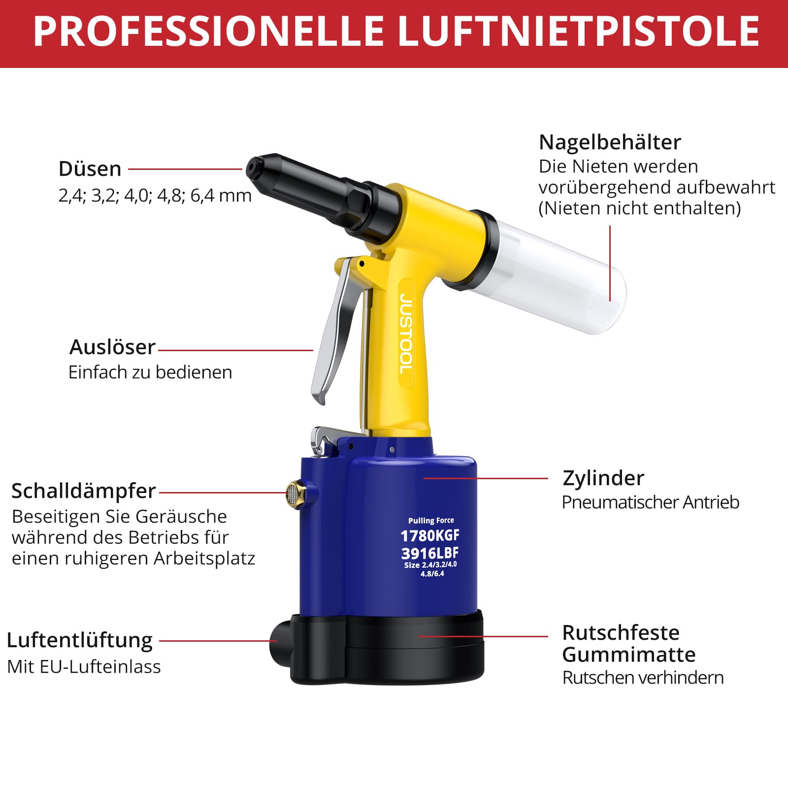 JUSTOOL Pneumatische Lufthydraulische Nietzange Pneumatische Nietzange 1408KGF, 5 Spezifikationen (2,4mm, 3,2mm, 4,0mm, 4,8mm, 6,4mm) Europäische Schnittstelle Ersatzkrallen, Für Auto, Garage und DIY