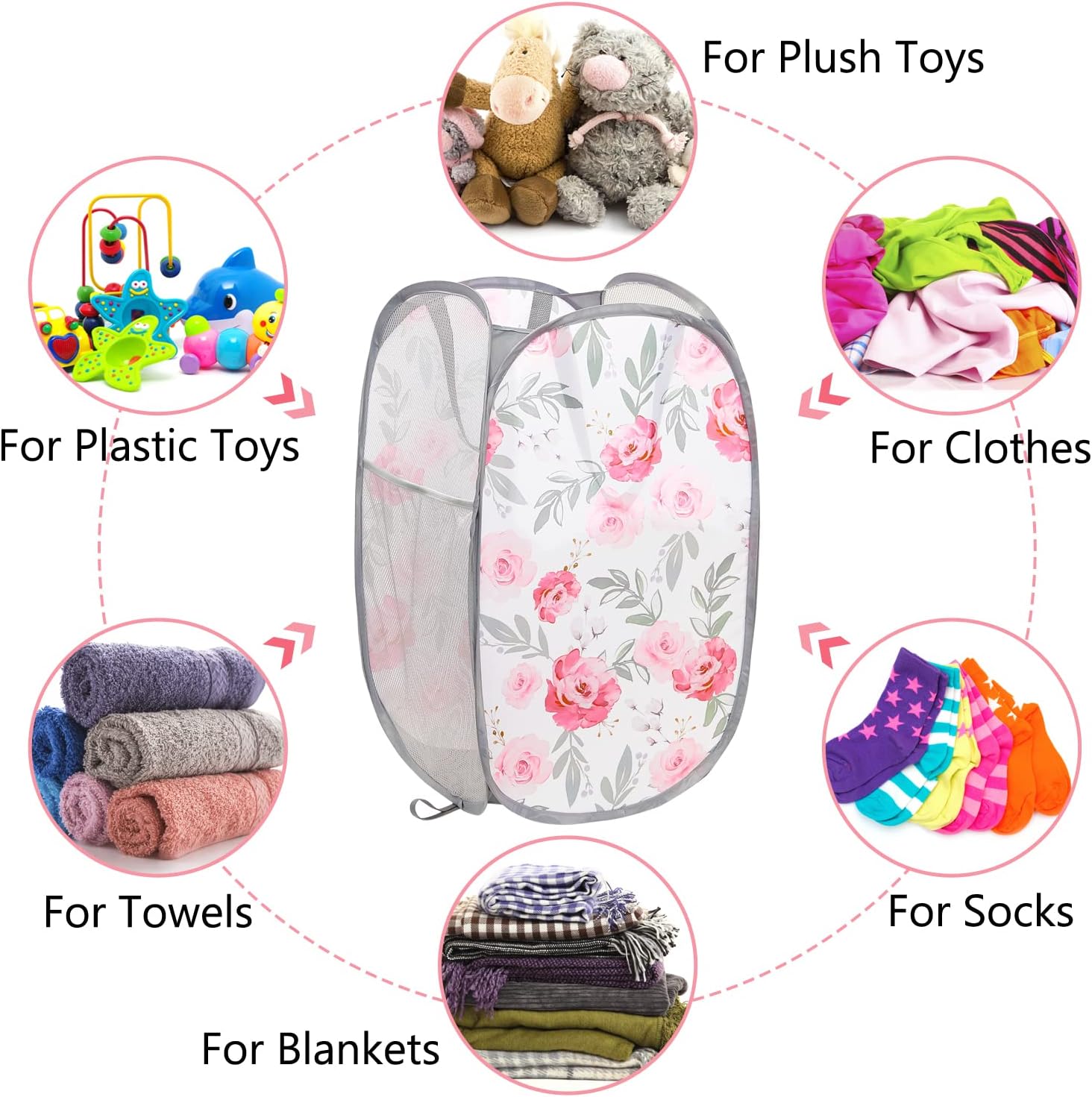Basumee Kids Laundry Hamper Collapsible Laundry Baskets Pop Up Hamper Mesh Dirty Clothes Laundry Basket Foldable Hampers with Side Pocket for Nursery Room, White Flower