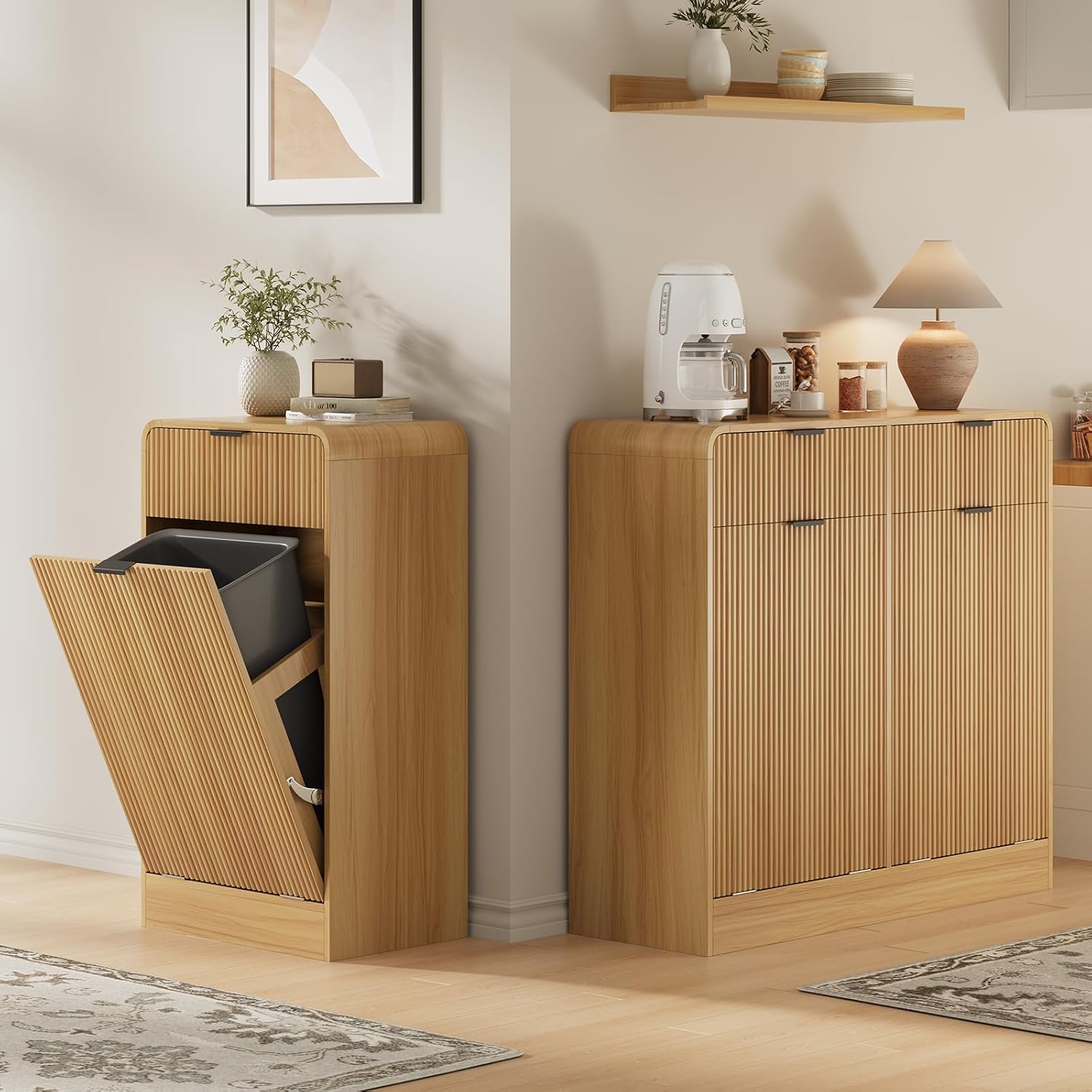 FURSUN 10 Gallons Tilt-Out Trash Can Cabinet, Fluted Laundry Hamper Cabinet with Drawers, Freestanding Pet Proof Hidden Garbage Recycling Cabinet for Kitchen, Living Room, Natural Oak