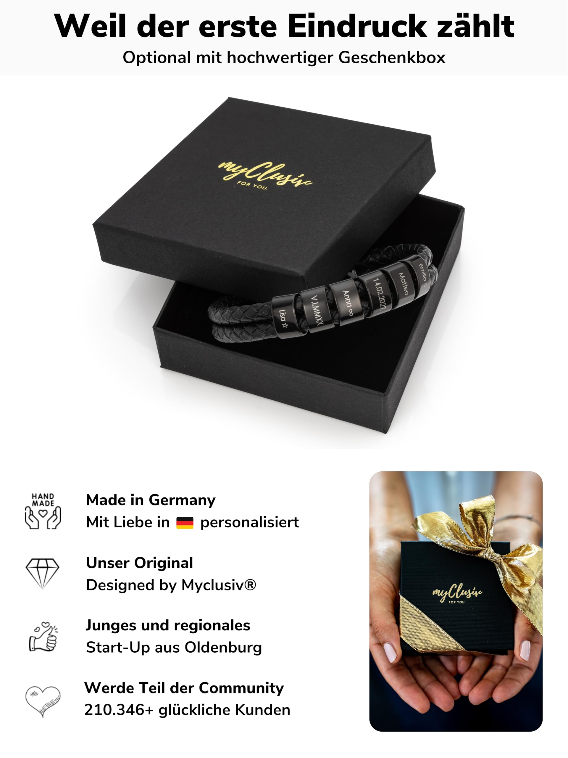 Lederarmband Herren mit Gravur – Personalisiertes Männerarmband mit Namen – Geschenk für Papa – Aus schwarzem Echtleder