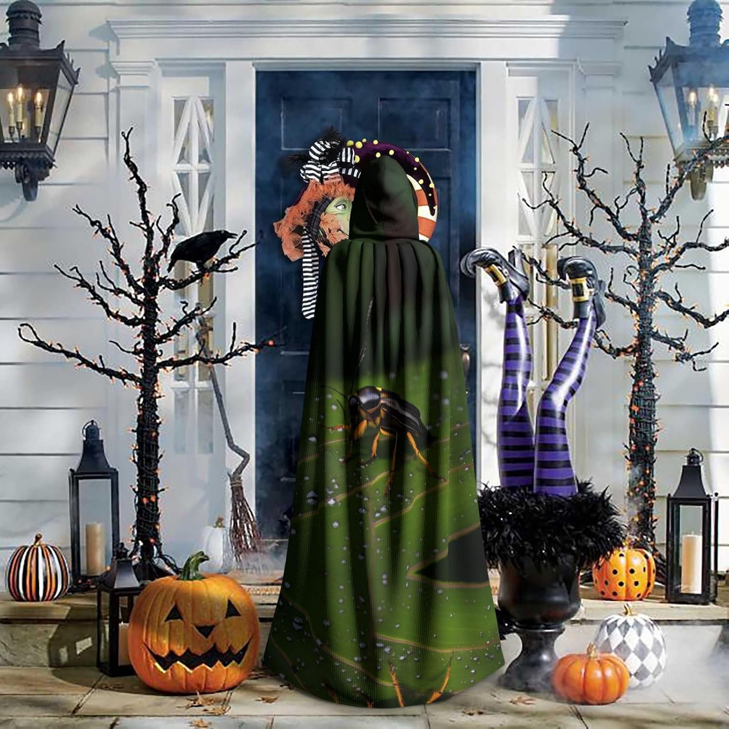 Insects On Leaves Halloween Adult Hooded Cape, Hooded Robe Cape, Women's Men's Halloween Dress Up Party Cosplay Costumes. Black