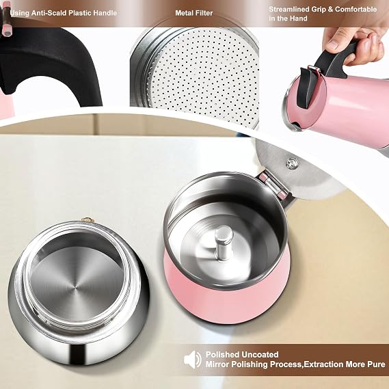 Stovetop Espresso Maker Stainless Steel Moka Pot Espresso Maker Percolator Italian Coffee Maker Capable Moka Coffee Machine Cafe Percolator Maker for Home & Camping (Pink, 6 Cup)